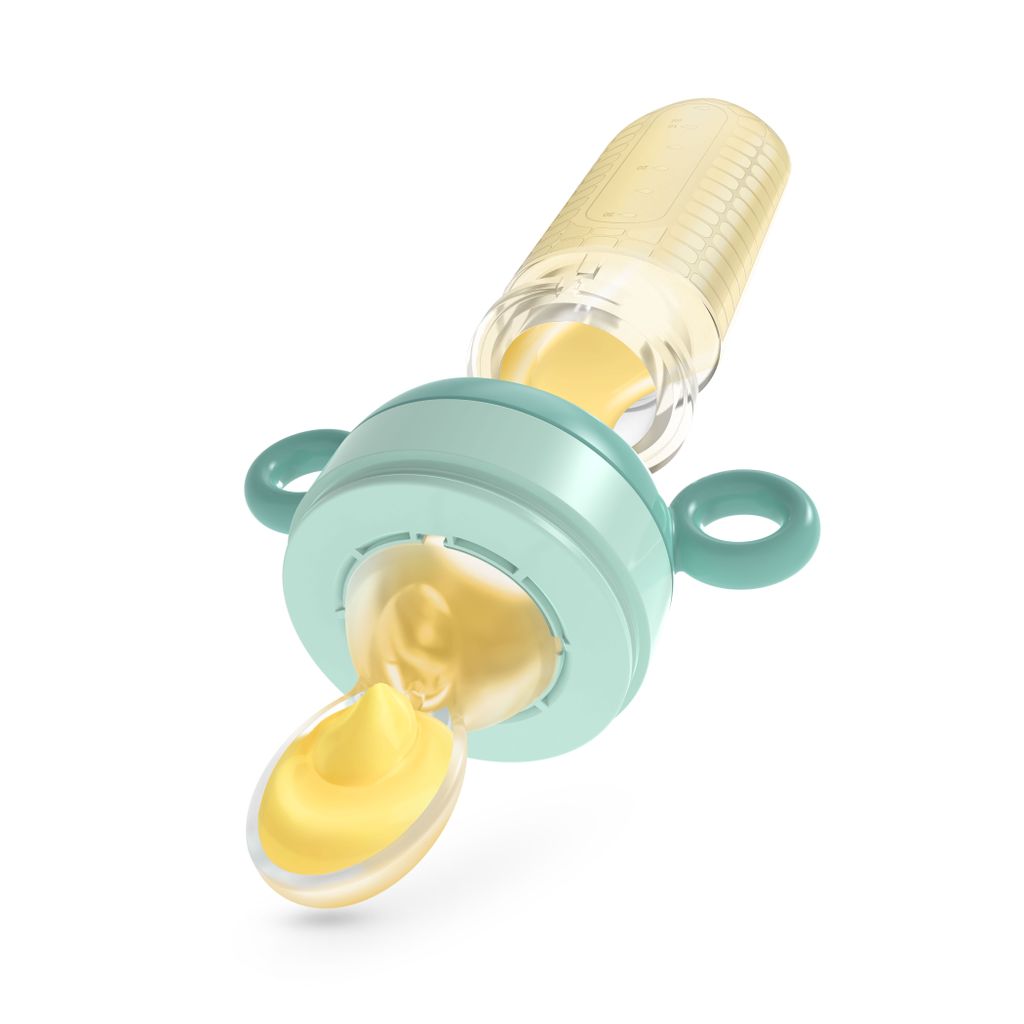 A baby food feeder with a spoon attachment, filled with yellow puree.