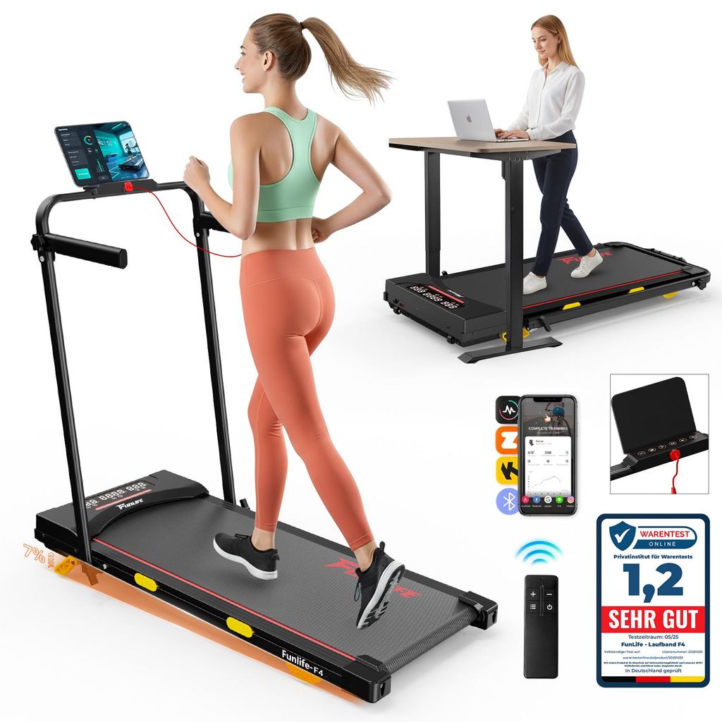 FunLife F4 Laufband klappbar(Upgrade)–4-in-1 Walking Pad mit 7% Steigung, App-Steuerung&Dual-Griffen, leise für Zuhause & Büro, Senioren geeign...