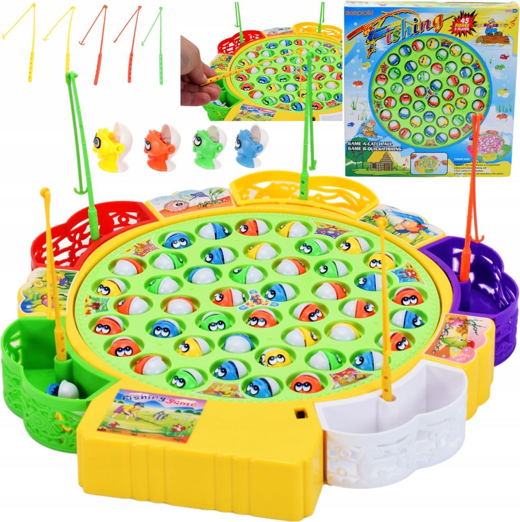 A collage of a children's fishing game, including the game board, fishing rods, and fish, as well as packaging.