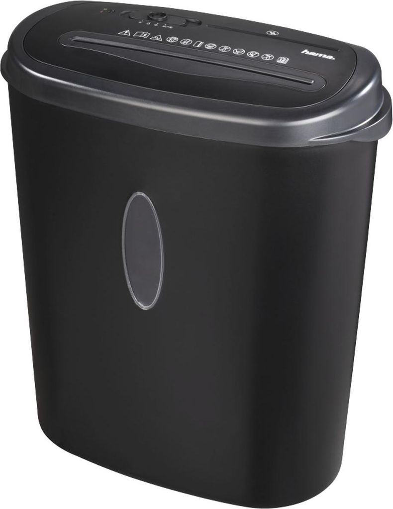 A black paper shredder with a gray top and an oval window on the front.