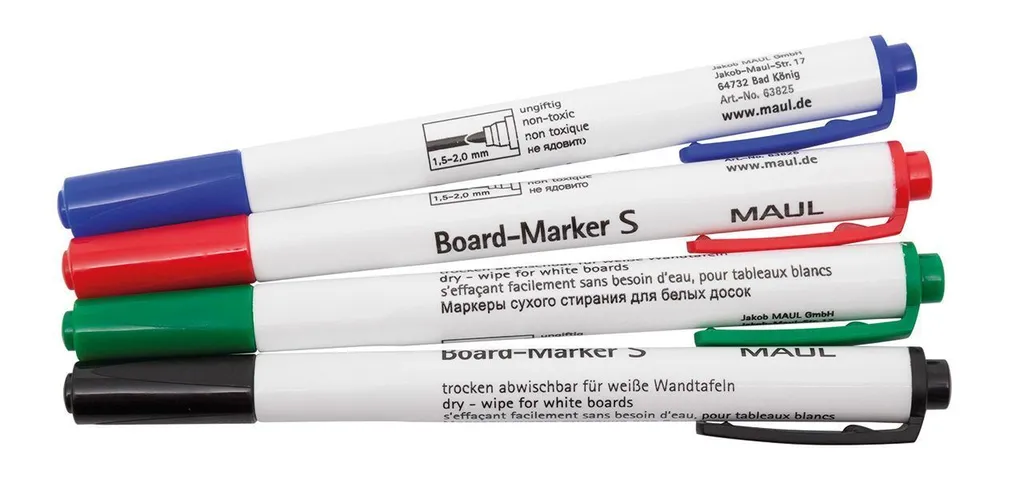 Marqueurs MAUL sans traces pour tableau blanc, pointe fine 4 couleurs