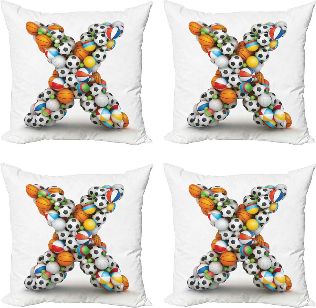 ABAKUHAUS Buchstabe X Kissenbezug Set (4 Stück), Verschiedene Bälle für Kinder, Moderner Doppelseitiger Digitaldruck, 60 cm x 60 cm, Mehrfarbig