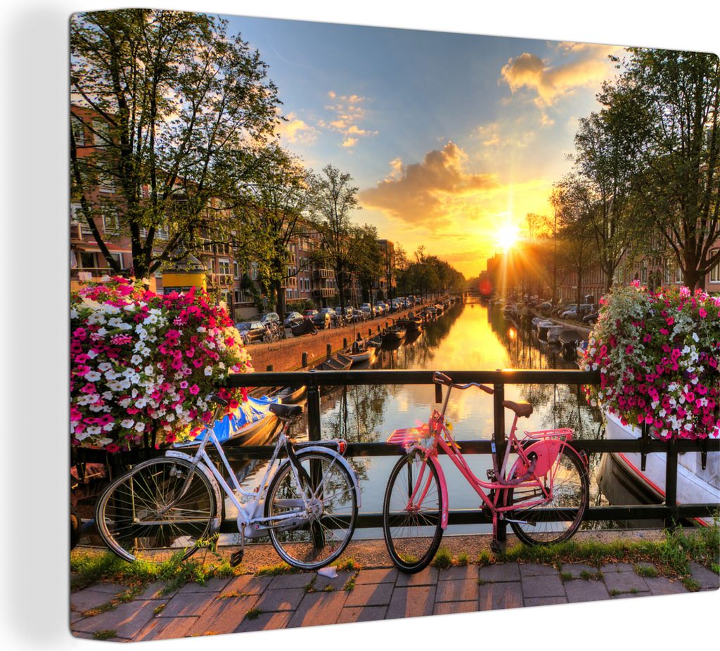 MuchoWow - Leinwandbilder - Amsterdam - Blumen - Brücke - Fahrrad - Sonnenuntergang, Wandbild, Wanddeko Bilder Wohnzimmer, 120x90 cm