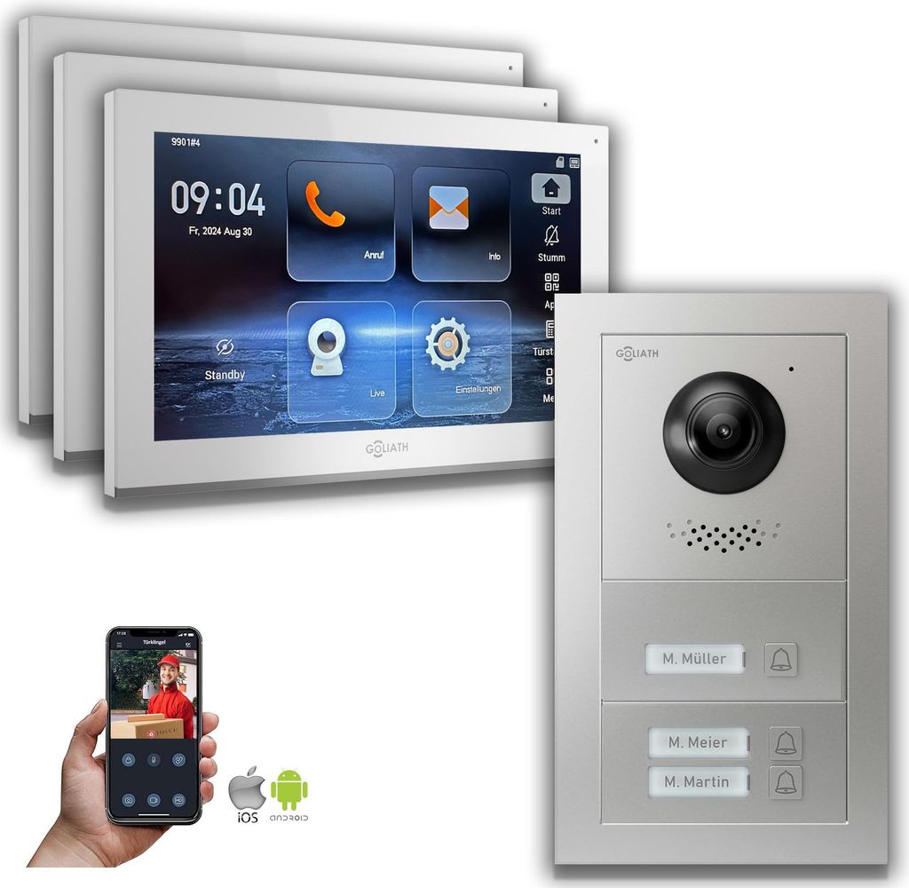 Goliath IP Video Türsprechanlage: 10-Zoll 3-Familienhaus, Smartphone App, Silber : Aufputzdose : 10 Zoll in Weiß : 4er POE Anschluss über:: 4er ...