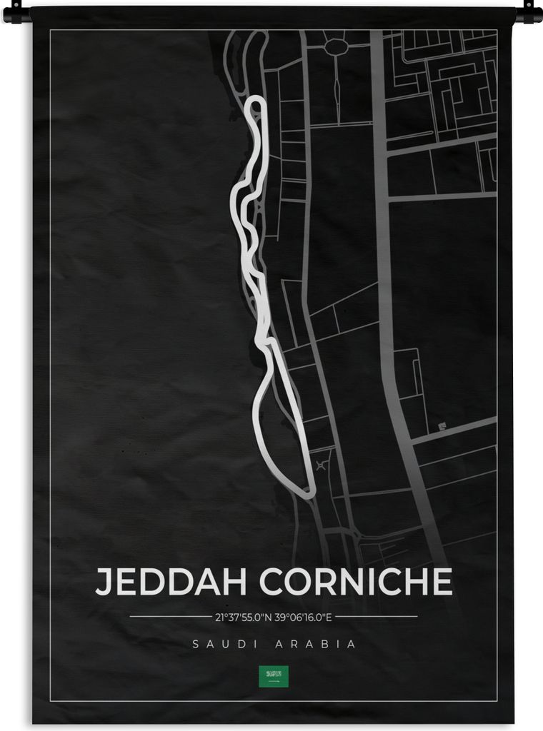 MuchoWow Wandteppich Wandbehang Rennstrecke - Sport - Saudi-Arabien - Formel 1 - Jeddah Corniche Circuit - Schwarz 120x180 cm Tapisserie Dekorati...