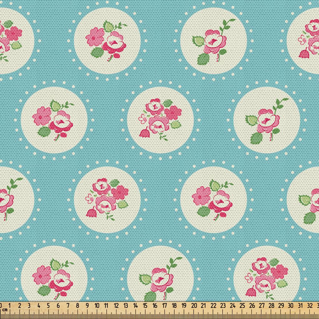ABAKUHAUS Shabby Chic Gewebe als Meterware, Kreismuster mit Blumen-Motiven Blühende Frühlings-Natur, 3 M (148 x 300 cm), Apfelgrün Hellblau Rosa