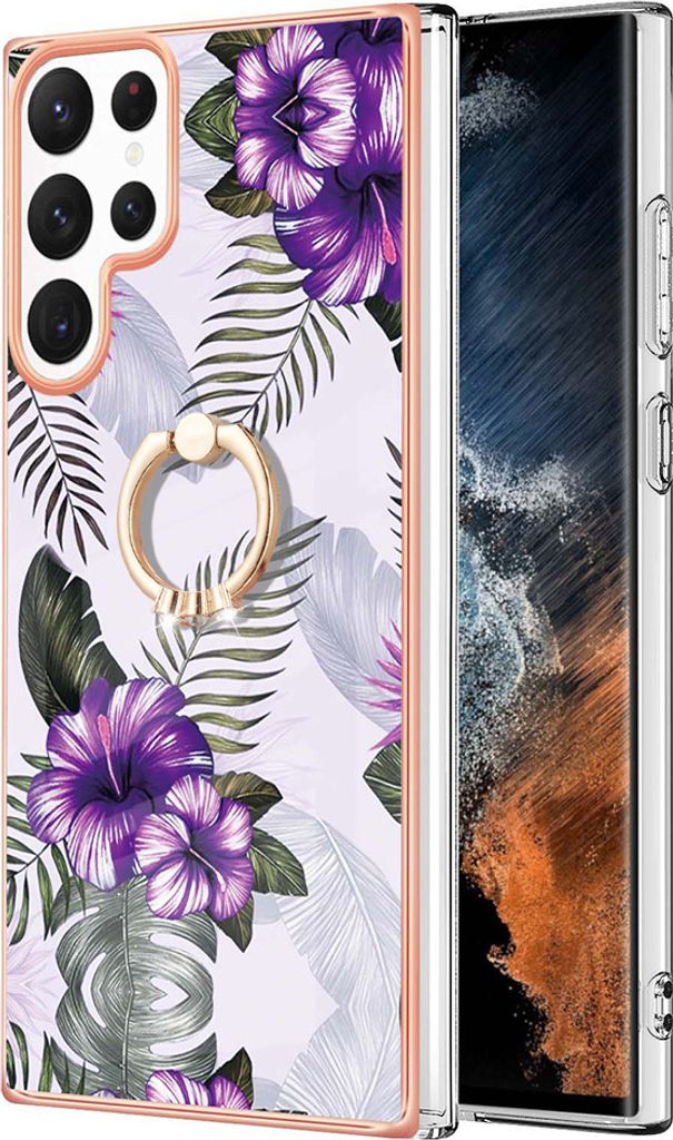 Hülle für Samsung Galaxy S22 Ultra 5G Muster TPU Silikon Stoßdämpfer Bumper Schutzhülle mit Ring Ständer Lila