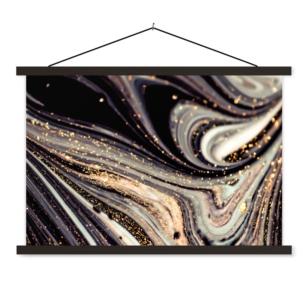 MuchoWow Textilposter Marmoroptik - Schwarz - Gold - Weiß - Glitter - Marmor 90x60 cm mit schwarzem Rahmen - Aufhängungssatz