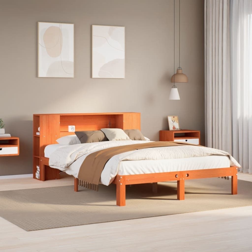 "Rabatt" Massivholzbett Schlafzimmer - Bettgestell moderne - mit Regal ohne Matratze - Wachsbraun 135x190 cm - Klassische Betten CC11686
