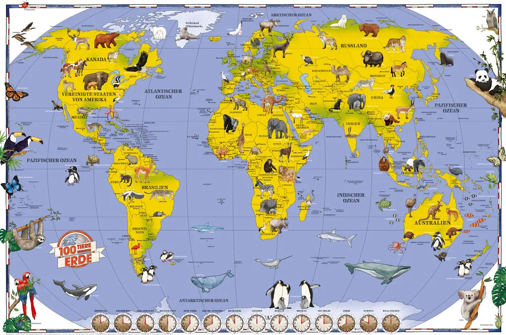 Carte du Monde Enfant 100 Animaux avec Supports en Bois Noir de 92 cm