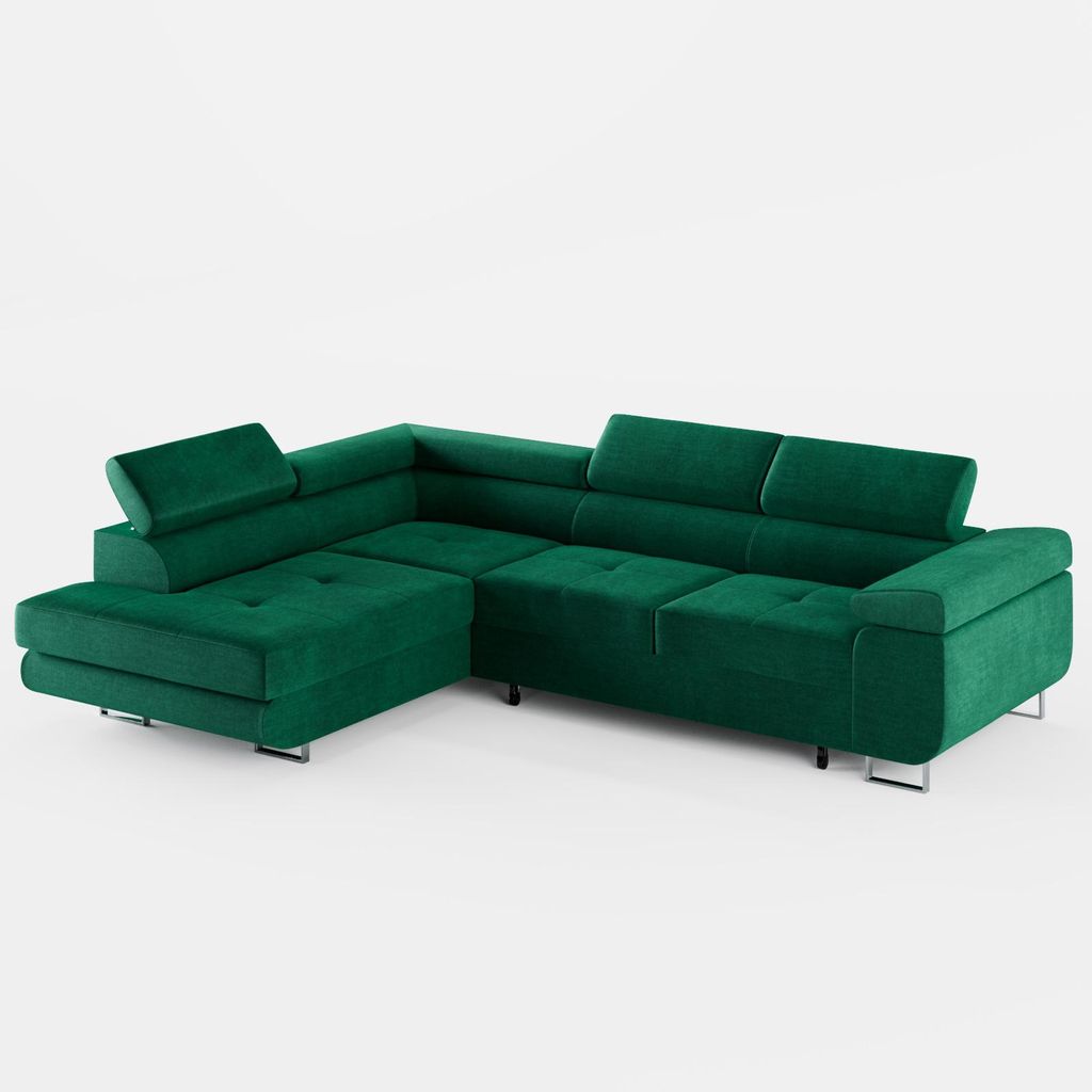 ECKSOFA VEMO EDGE Links Dunkelgrün Velour-Stoff mit Bettkasten und Schlaffunktion