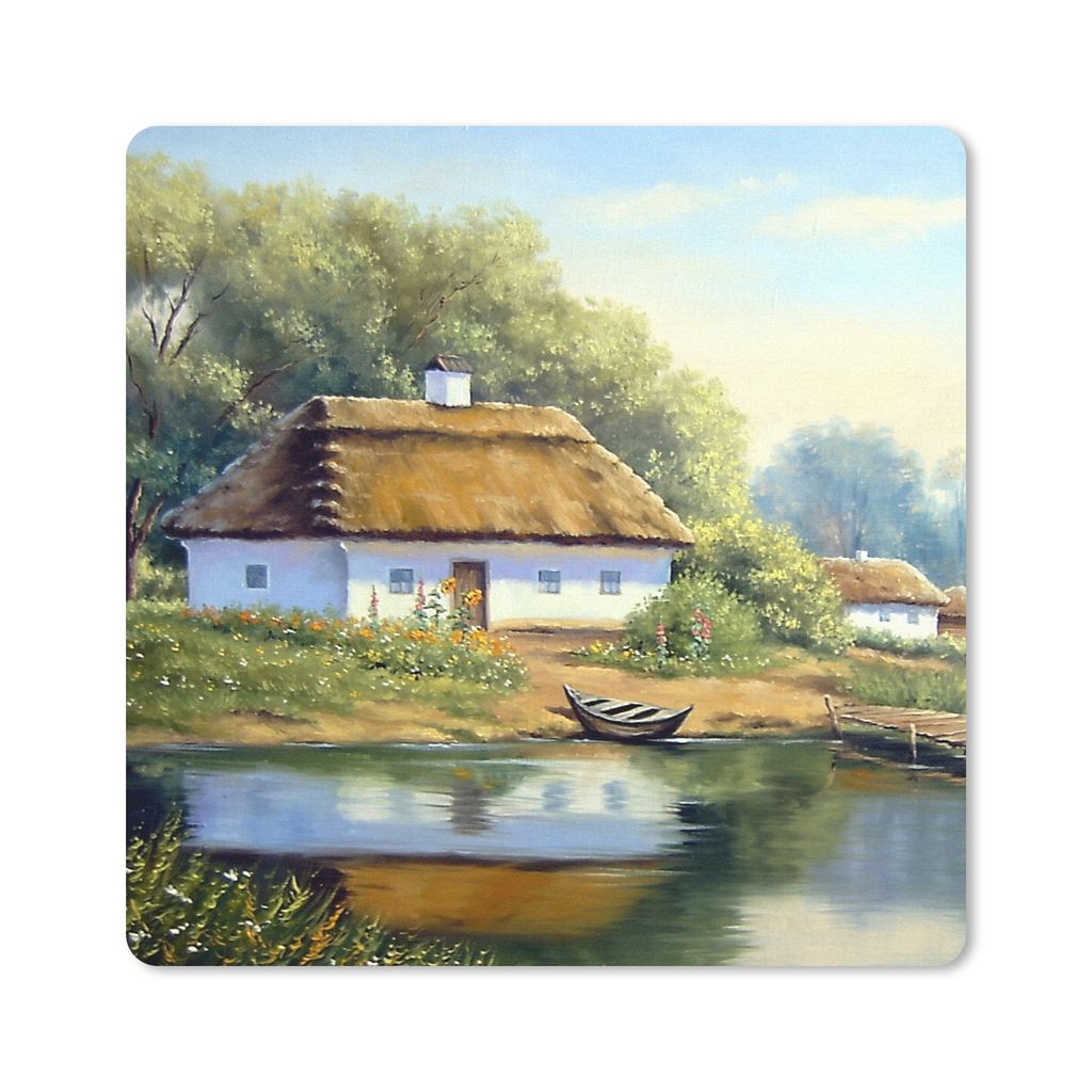 MuchoWow Mauspad Mousepad Malerei - Haus - Natur - Wasser - Ölfarbe 30x30 cm - Mousepads - Maus Mat - Pad - Mausunterlage - Gaming