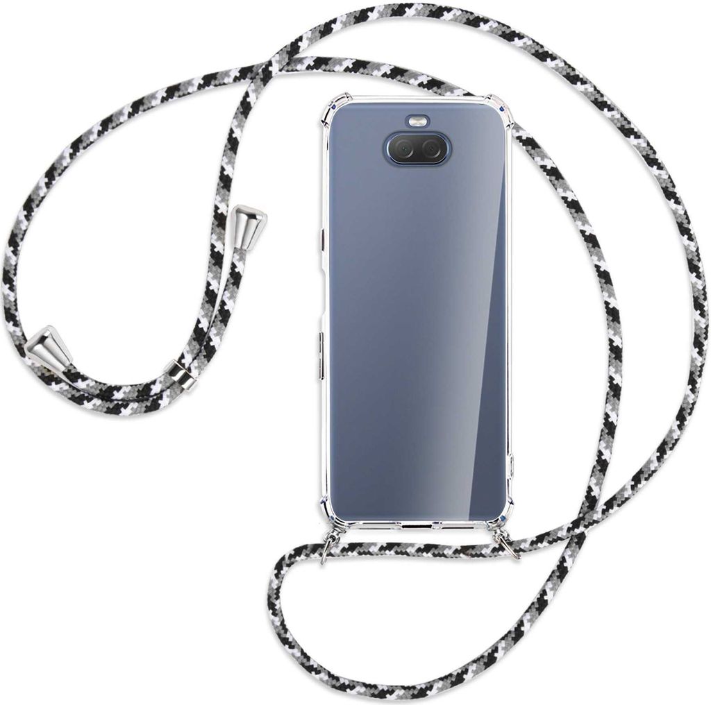 Handykette Backcover-Schutzhülle mit Band (Metall silberfarben) für Sony Xperia 10 - schwarz/grau/weiß