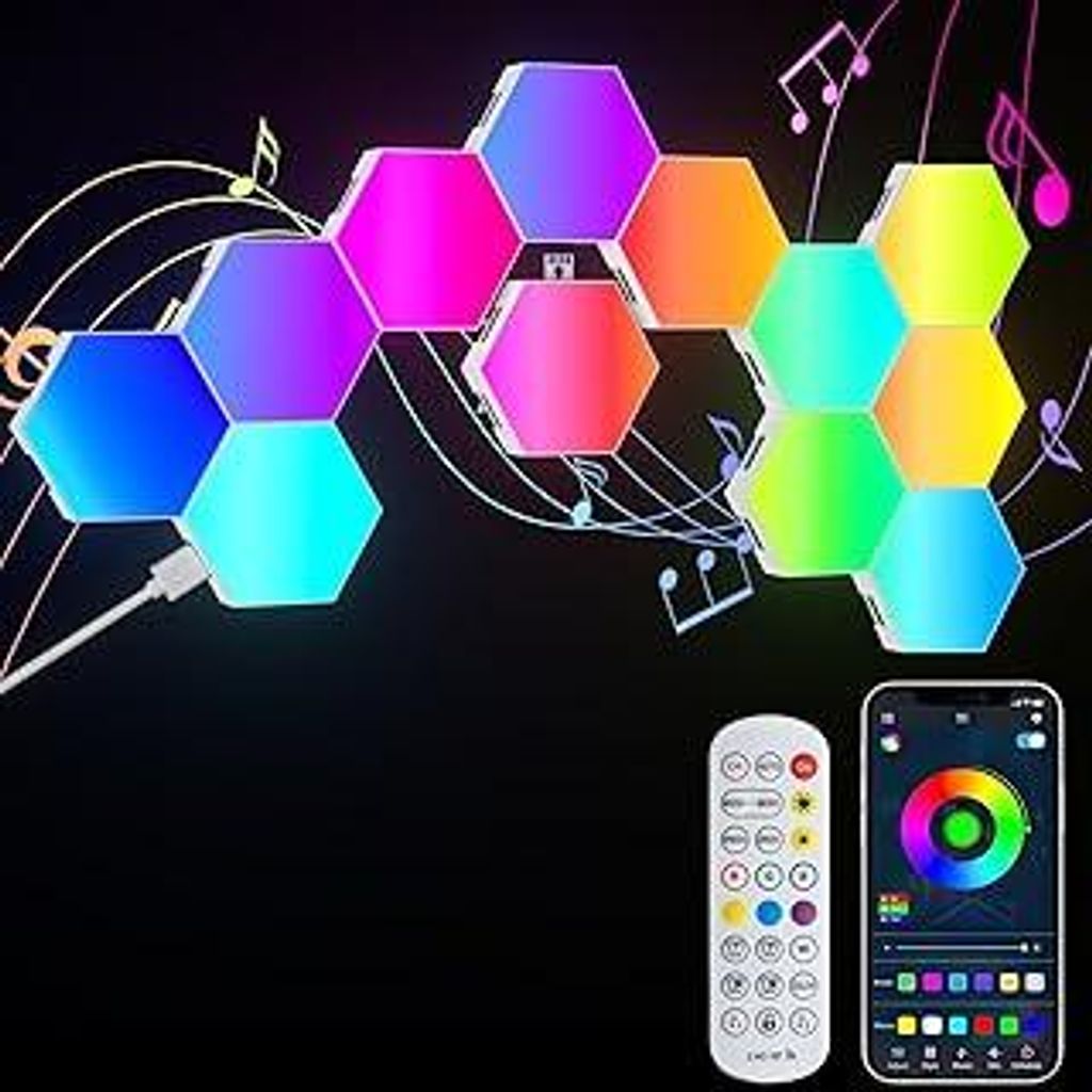 LED Sechseck Gaming Wandleuchte, 12PCS Hexagon RGB LED Panel, Sechseck Waben Gaming Deko Wand Licht, Musik Sync App Steuerung, Hexa Wandbeleuchtung...