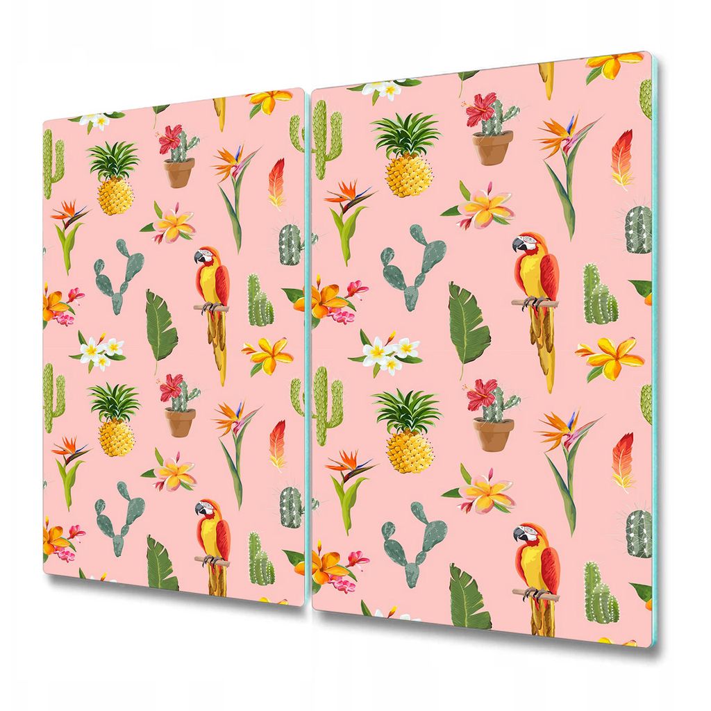 Küche Teller - Schneidebrett Glas - Herd Abdeckung - Papagei Blumen Rosa