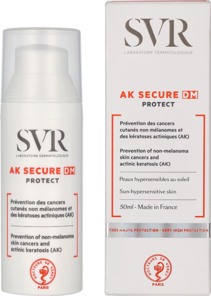 A product shot of SVR AK SECURE DM PROTECT sunscreen bottle and its packaging.