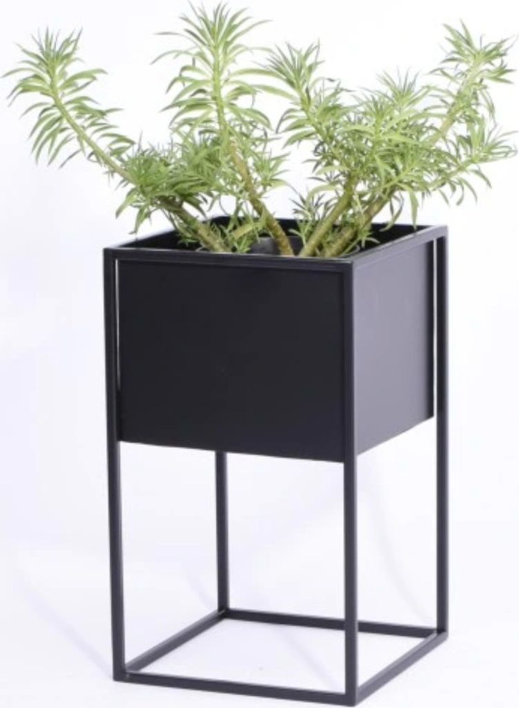 A black metal planter with a green plant inside, set against a white background.