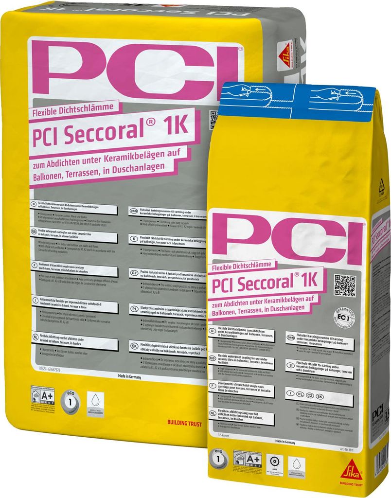 Two bags of PCI Seccoral 1K Dichtschlämme are shown against a white background.