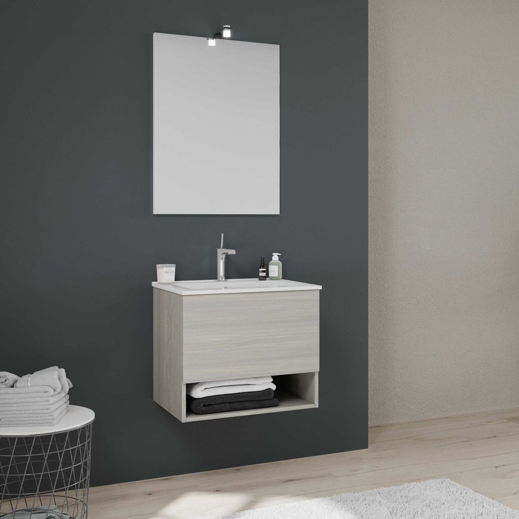 60cm Waschtischunterschrank + Waschtisch +Spiegel - hellgraue Holzoptik | Venezia