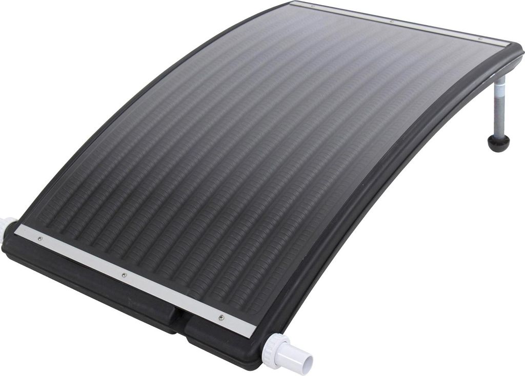 A black solar collector for a pool, shown from a slightly elevated angle against a white background.