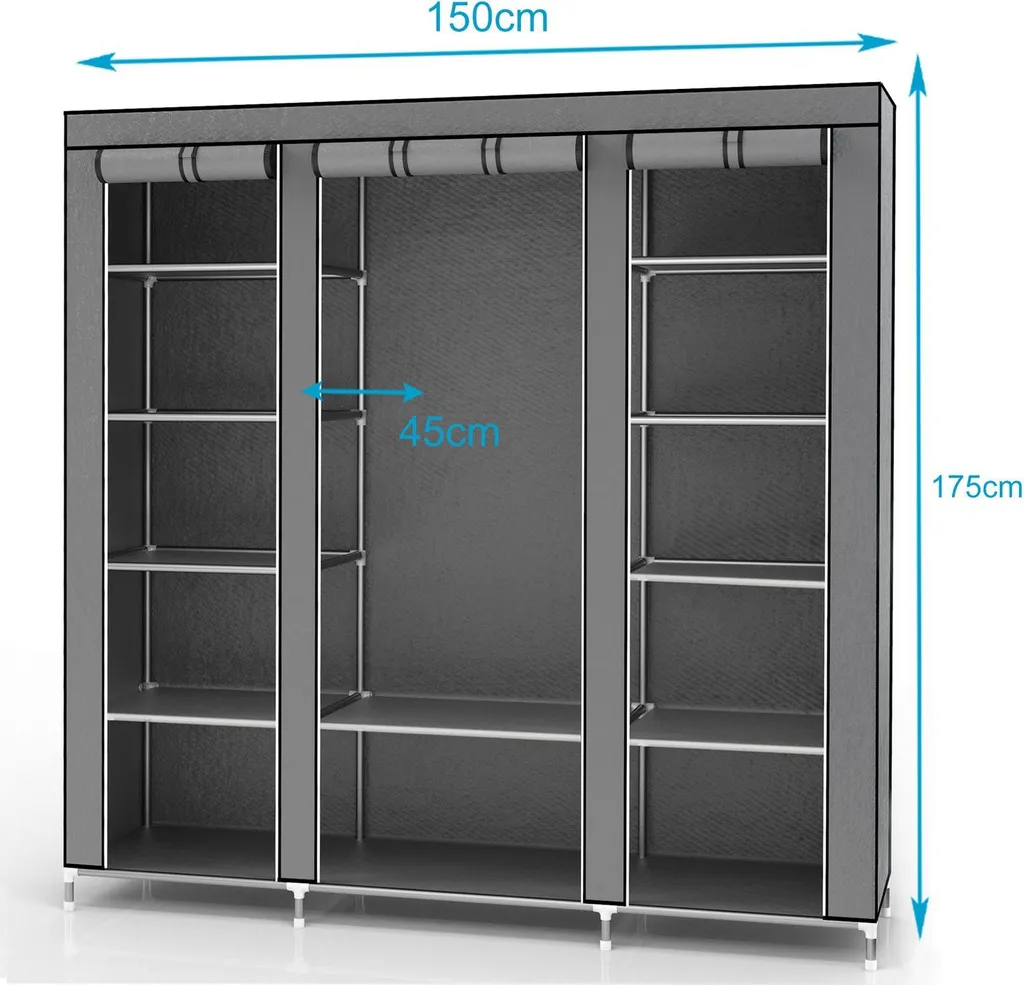 Armoire en tissu gris 150 cm avec tringle et poches de rangement lat