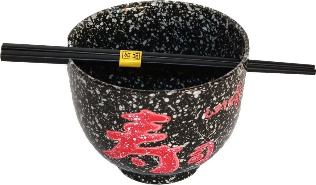 79 Jumbo Reisschale mit Essstäbchen schwarz Bambus, asiatische Schriftzeichen, schwarz meliert