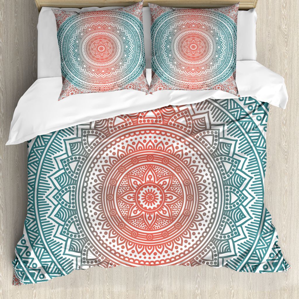 ABAKUHAUS Mandala Bettbezugs Set Für Doppelbetten, Ombre Kosmos Ethnisch Art, Milbensicher Allergiker geeignet mit Kissenbezügen, Siena und Jadeg...