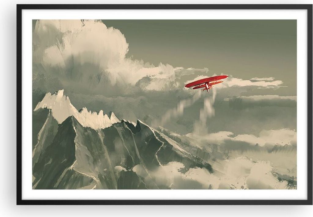 Gerahmtes Poster - Schwarzer Rahmen - Rot Flugzeug Berge - Produktbild 