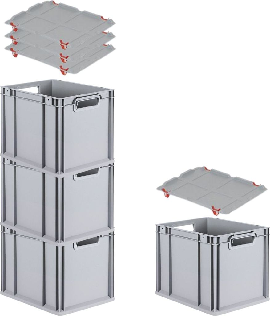 SuperSparSet 4x Eurobox NextGen Grip mit Auflagedeckel inkl. 4 roten Schiebeschnappverschlüssen | HxBxT 32x30x40cm | 30 Liter | Griffe offen | Gla...