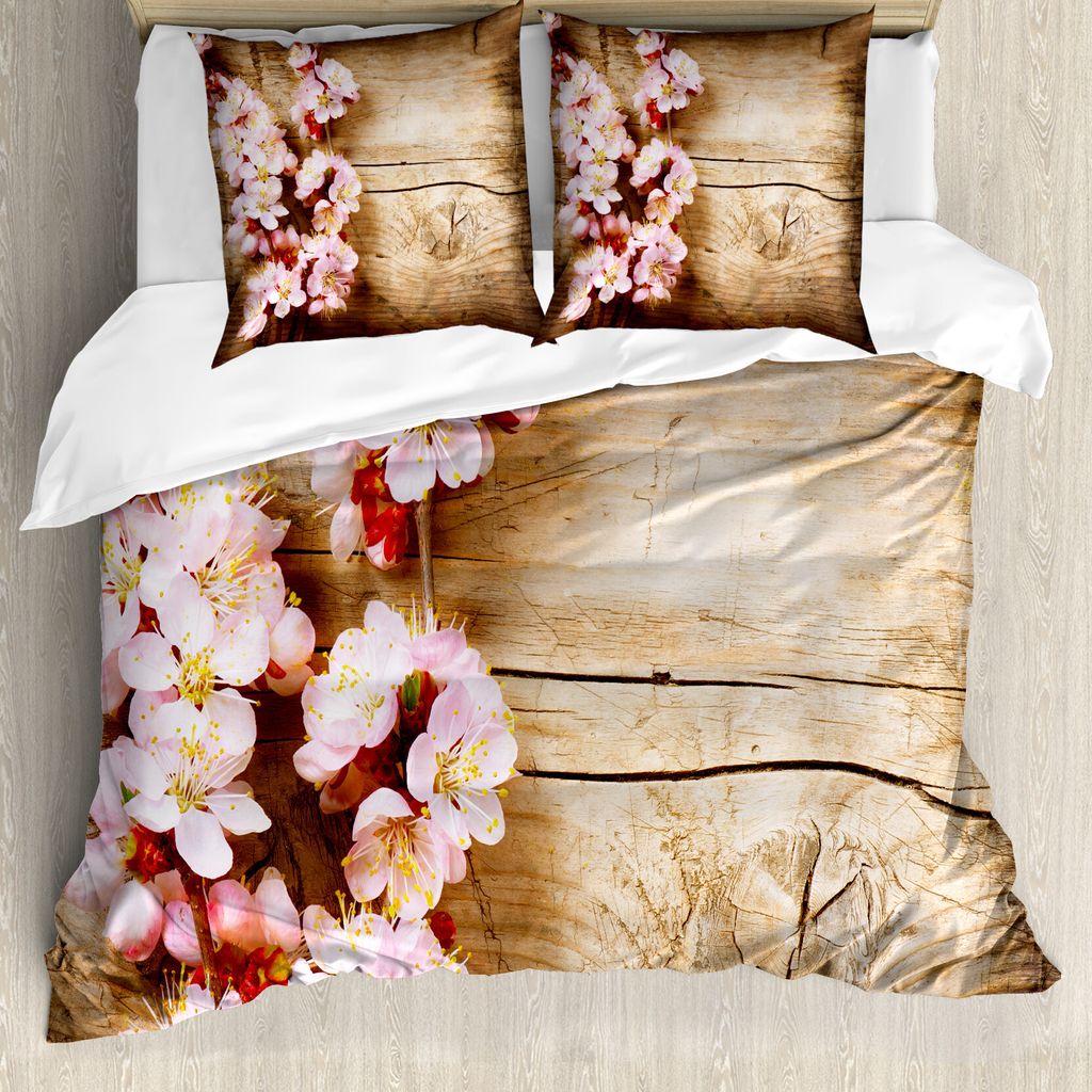 ABAKUHAUS Blumen Bettbezugs Set Für Doppelbetten, Frühlingsblüten Obstgarten, Milbensicher Allergiker geeignet mit Kissenbezügen, Mehrfarbig