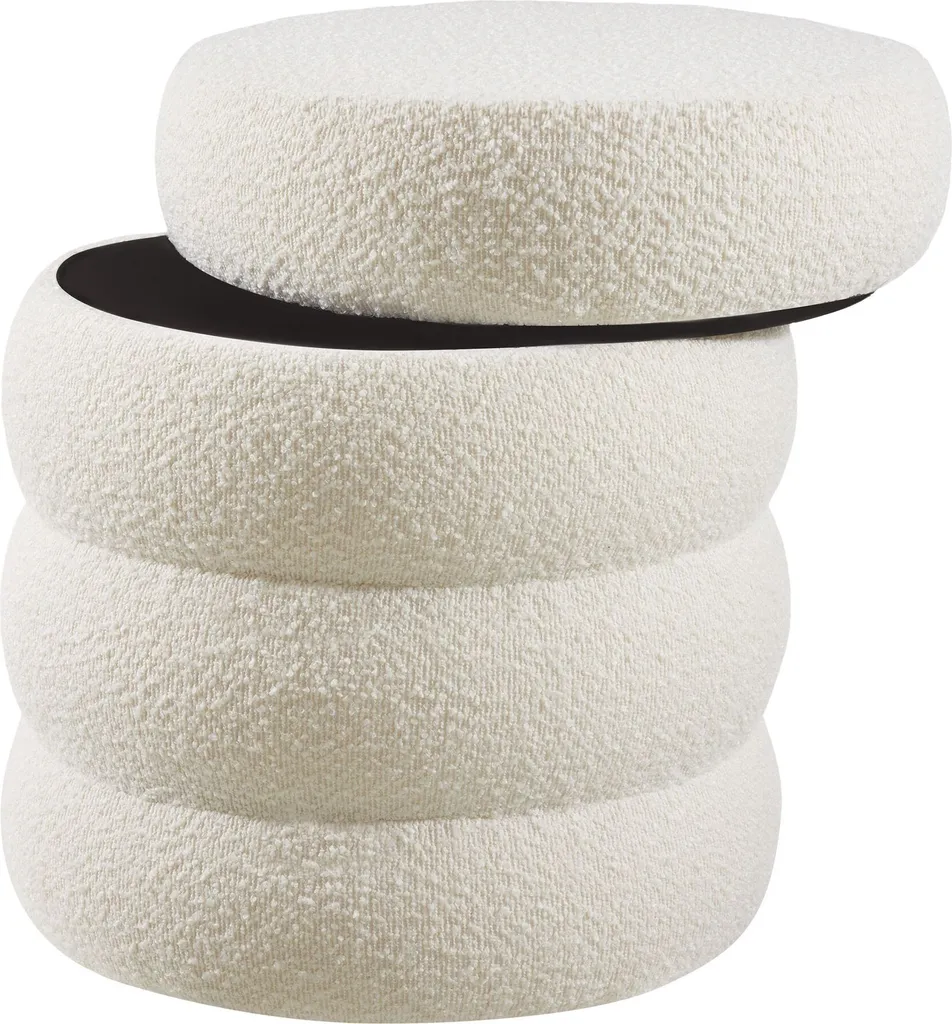 Pouf de rangement rond ALTU rembourré en bouclé blanc pour le salon