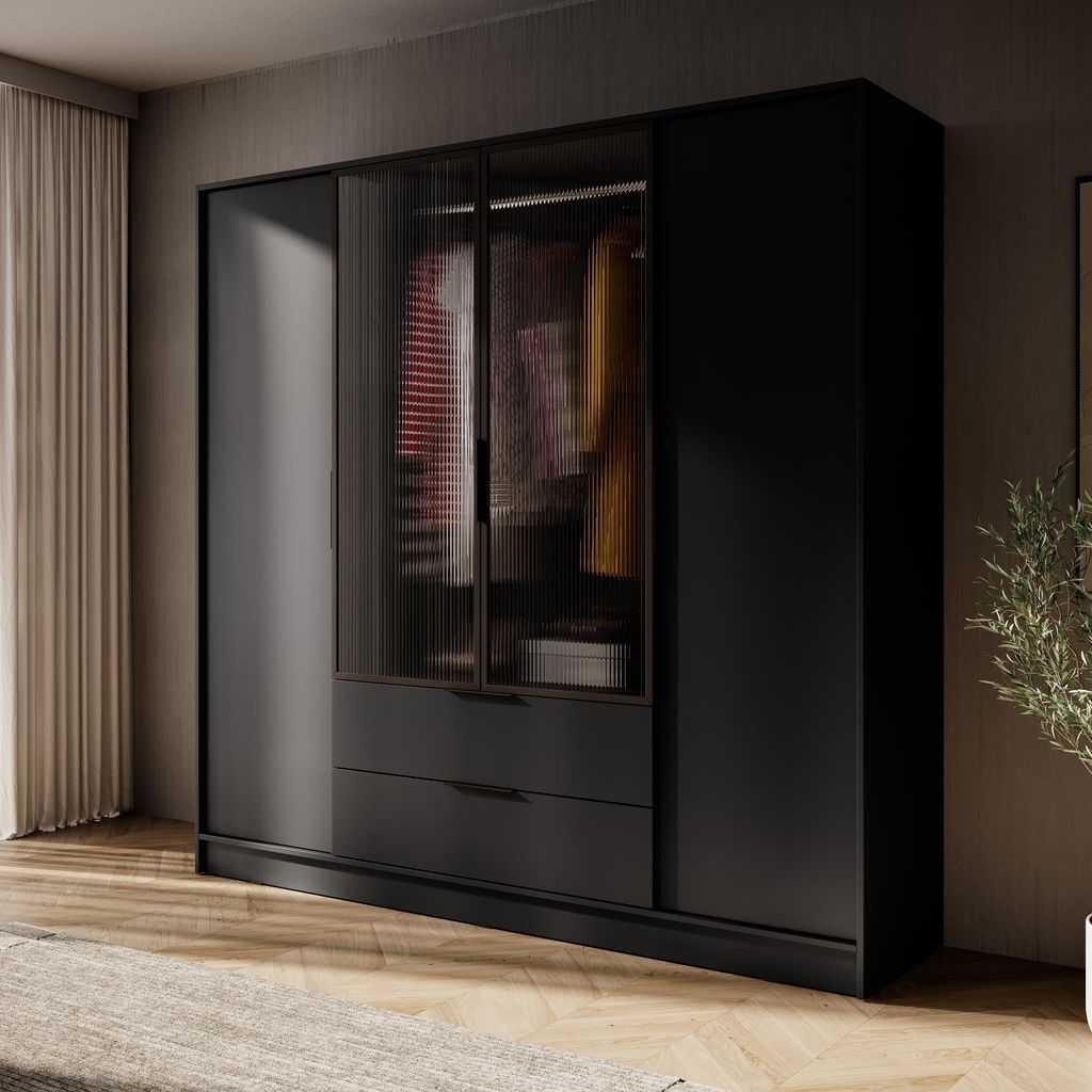 200 cm breite Schrank Jolie IV schwarze Garderobenschrank mit Glastüren Kleiderschrank mit 4 Scharniertüren Drehtürenschrank mit 2 Schubladen, F...