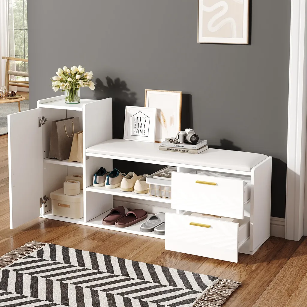 okwish Meuble à chaussures ouvert avec poignées métal et banc blanc - 2