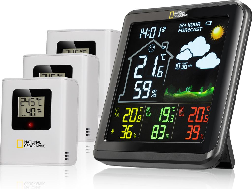 National Geographic Funk Wetterstation Farbdisplay schwarz mit 3 Außensensoren 4 Messbereiche Temperatur Luftfeuchtigkeit