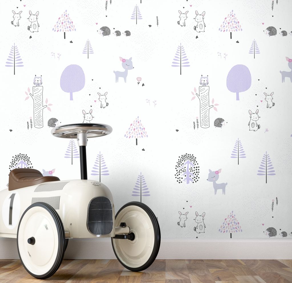 NEWROOM Tapete Lila Vliestapete Tiere - Kinderzimmertapete Kinder Violett Weiß Wald Bäume Tiertapete