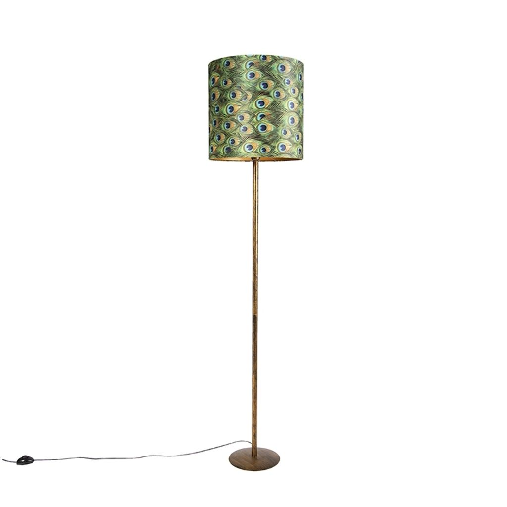 QAZQA - Modern Vintage Stehleuchte I Stehlampe I Standleuchte I Lampe I Leuchte Gold I Messing mit Pfauenschirm 40 cm - Simplo I Wohnzimmer I Schla...