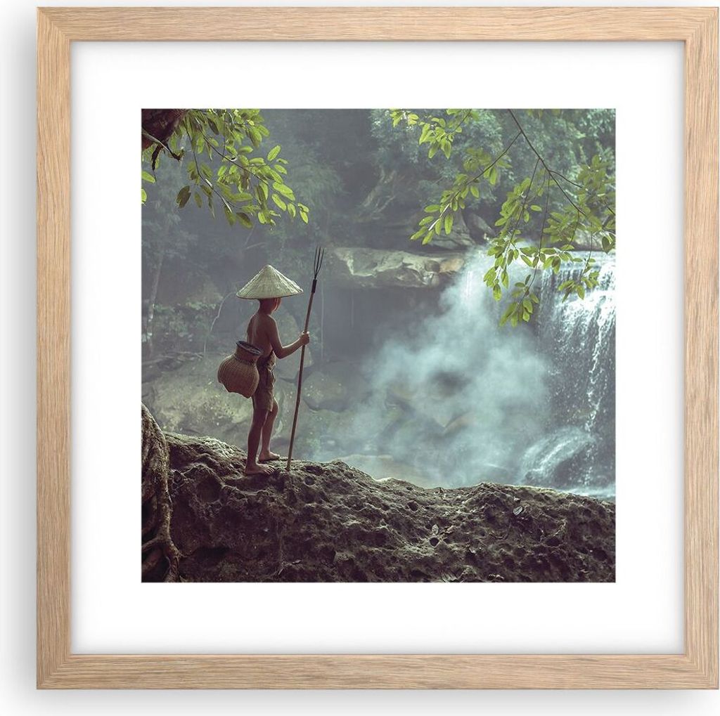 Gerahmtes Poster - Rahmen in heller Eiche - Asien Junge Wasserfall - 30x30 cm - Wand Bild - Wanddeko - Wandbilder - Wandposter - Bilderrahmen - Bil...