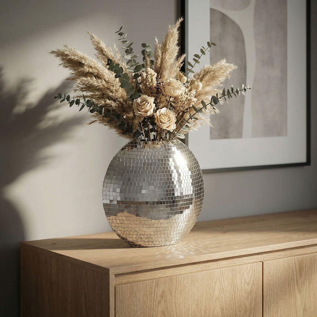 FineBuy Tischvase Metall 40cm Silber Dekovase Mosaik rund Vase modern Wohnzimmer Deko Design Vase flach Tisch Dekoration Handmade