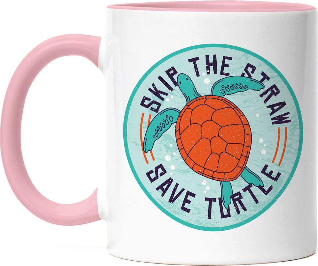 Skip The Straw Save Turtle Tasse Rosa Strohhalm Plastik Schildkröte Meere Ozean Natur Umwelt