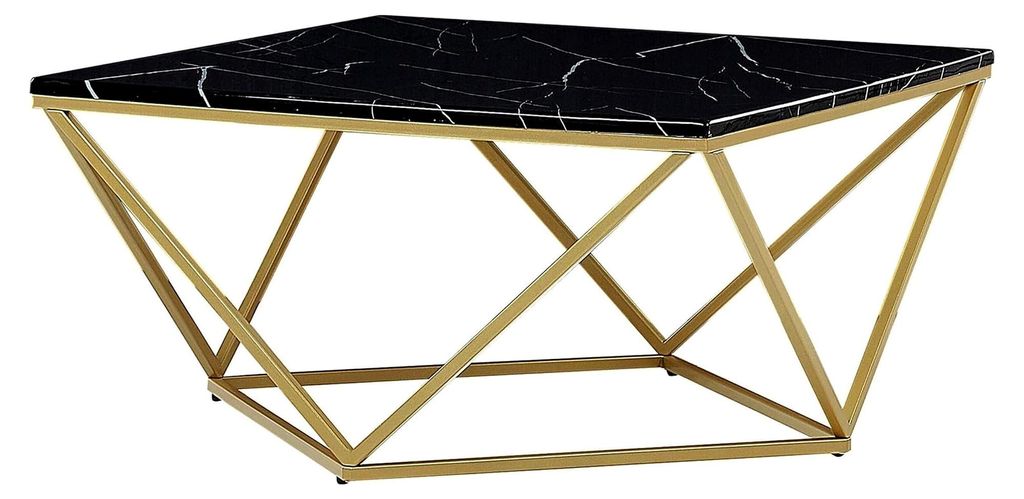 Geometrischer Couchtisch in Schwarz mit Marmor-Optik und goldenen Beinen