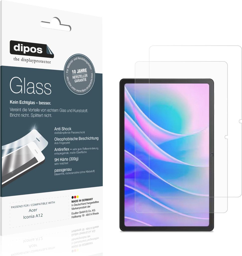 2x Schutzfolie für Acer Iconia A12 matt - Anti-Shock 9H Folie dipos Glass Kunststoffglas