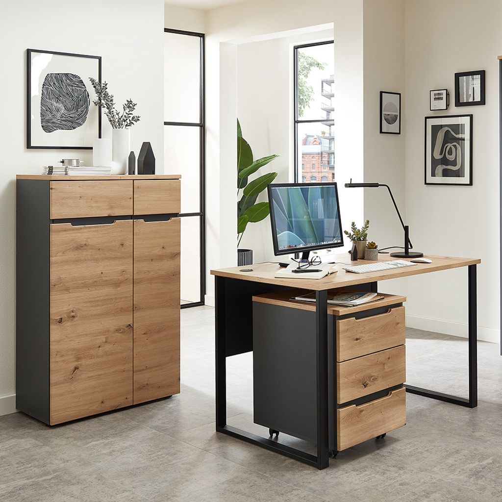 Büromöbel Set 3-teilig MANRESA-36 mit 120cm Schreibtisch in graphit und Eiche