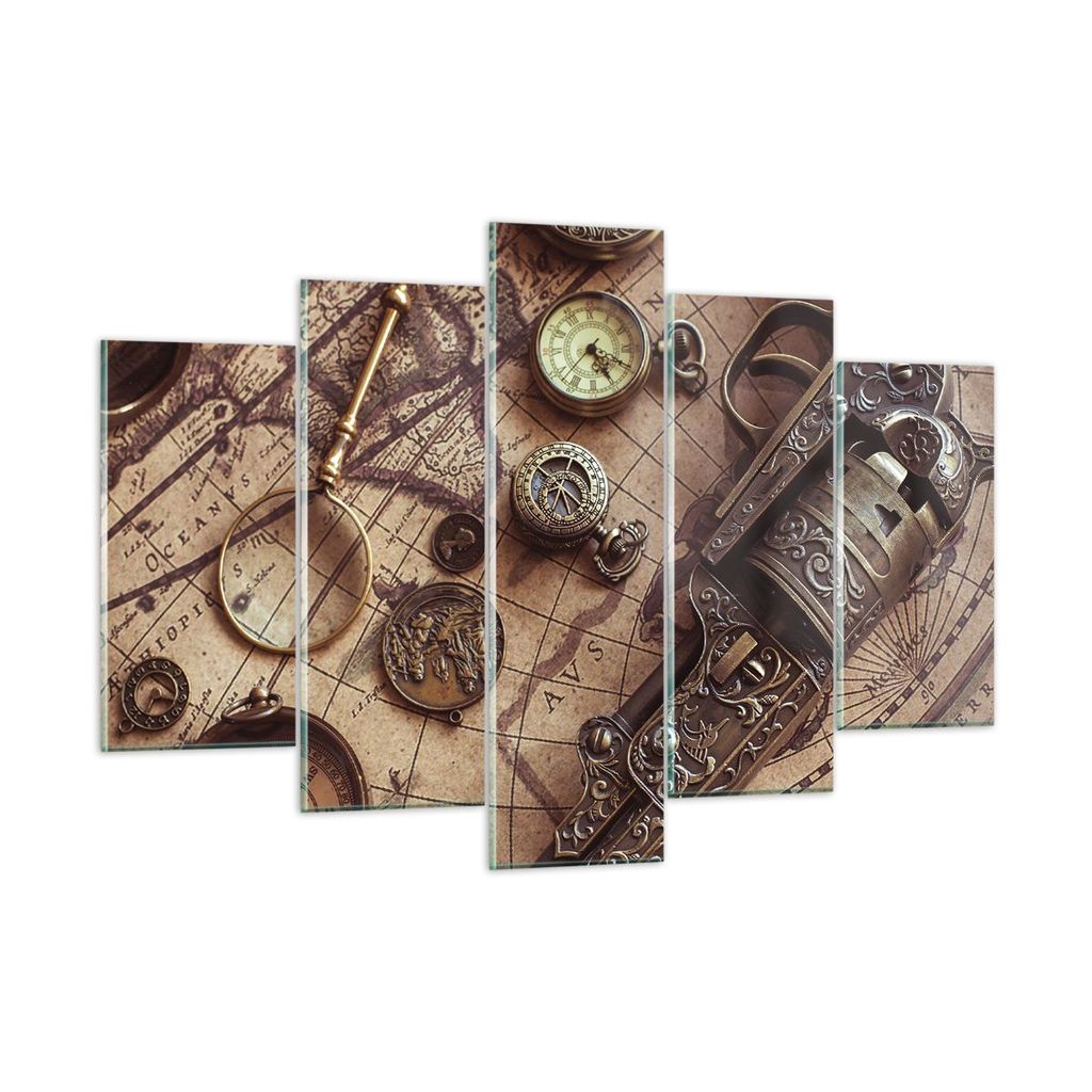 Bilder auf glas - 5 Teile - Kartographie Vintage Kompass - Produktbild 