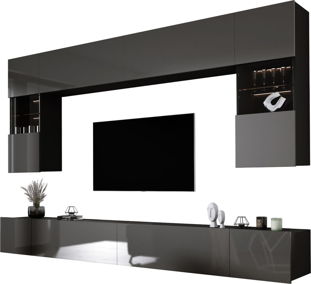 Wohnwand Schwarz/Glanzgrau, Breite: 300 cm, Höhe: Produktbild 
