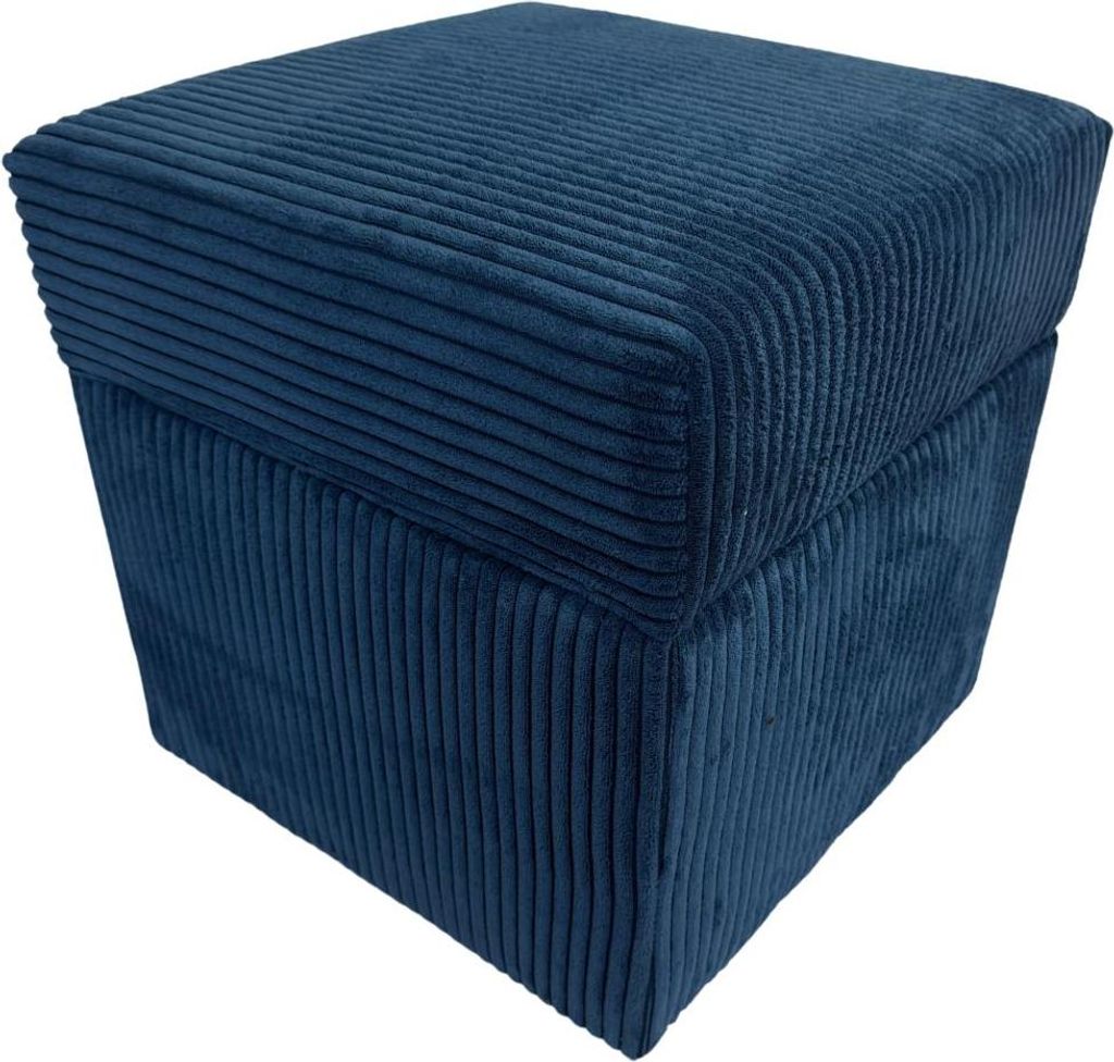 A blue corduroy ottoman is shown against a white background.