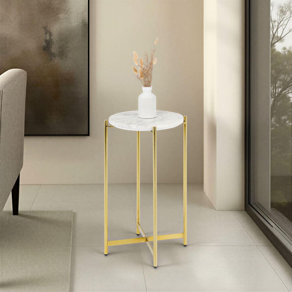 Beistelltisch CRATO mit Tischplatte aus Marmor, rund 36 cm, Bronze/Weiß - Sofatisch im modernen Design, ideal für Wohnzimmer, runder Couchtisch, ...