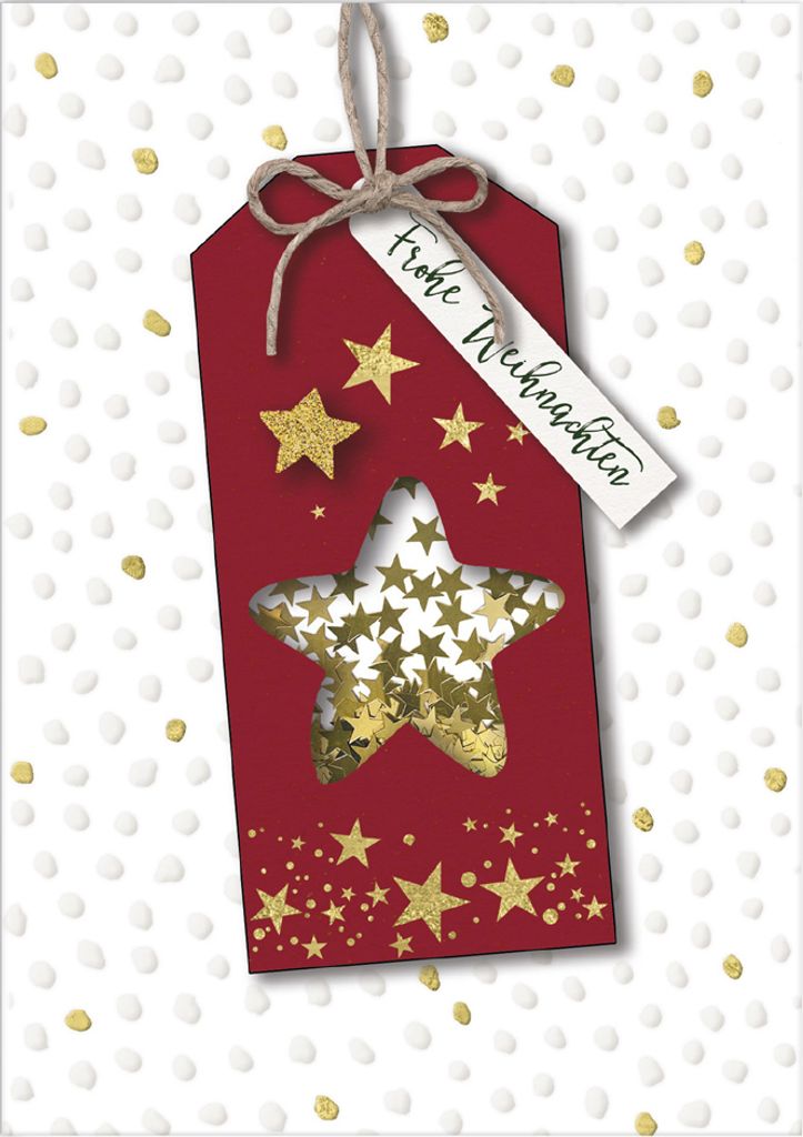Weihnachtskarte Reh mit Ausschnitt, Schüttelapplikationen, foliert und Umschlag