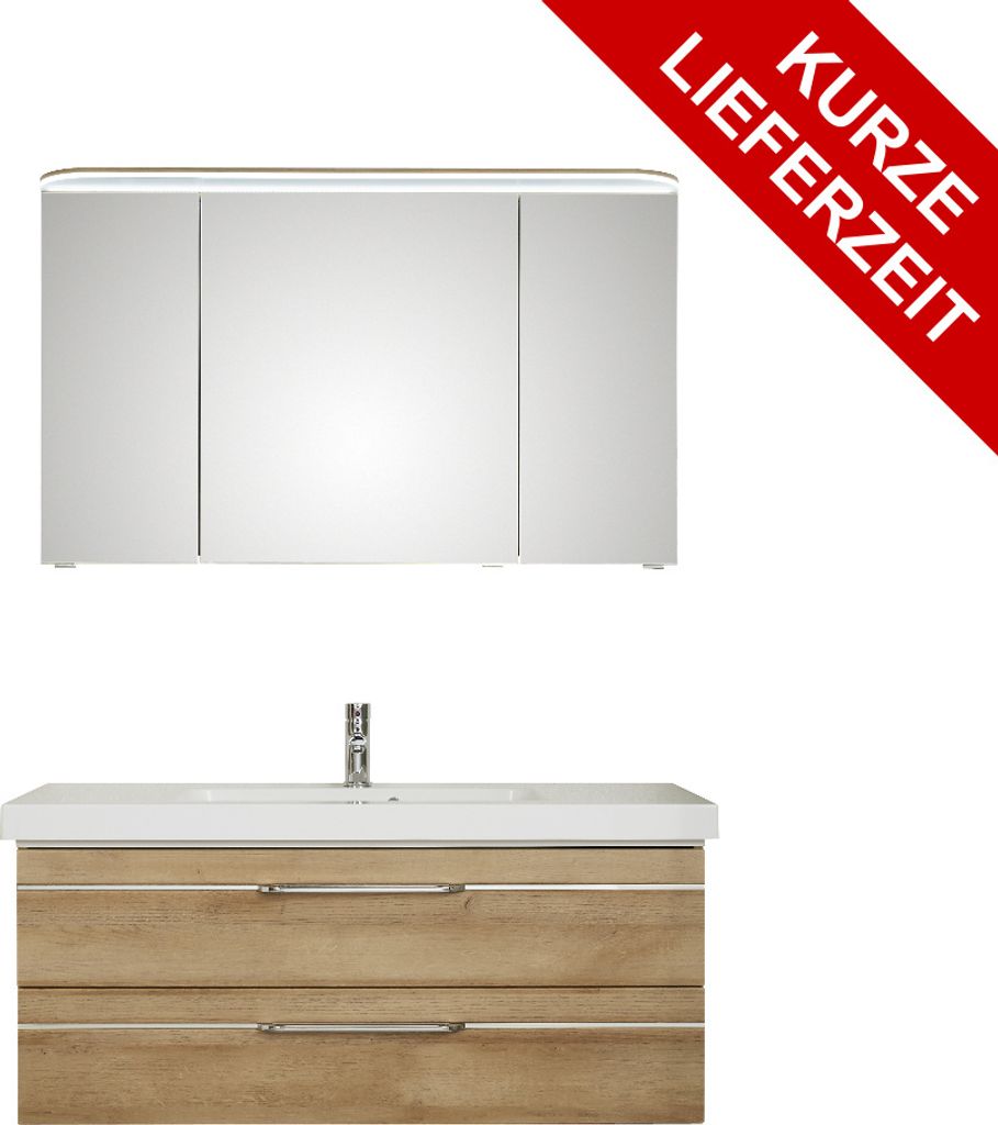 PELIPAL Balto Sprint Bad Möbel / Riviera Eiche quer NB, Spiegelschrank + Waschtisch + Unterschrank