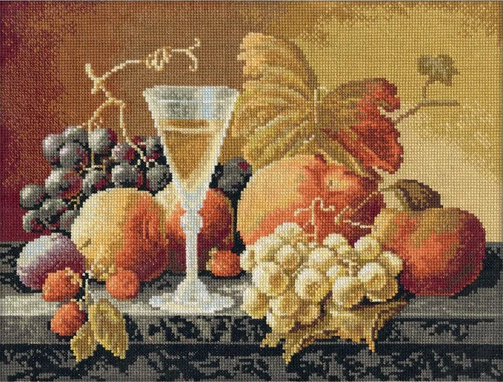 Kit Broderie Point de Croix Nature Morte Vin et Fruits avec Fils Gamma