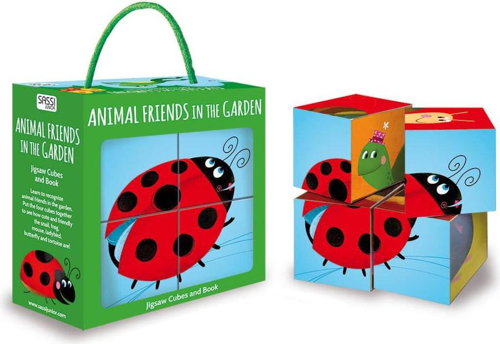 Animal friends in the garden. Jigsaw cubes and book